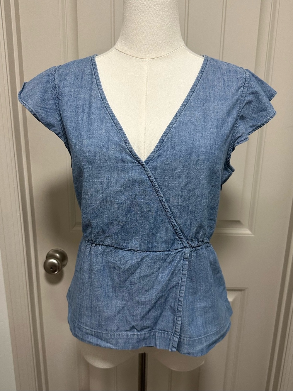 J. Crew Light Blue Chambray Wrap V-Neck Top